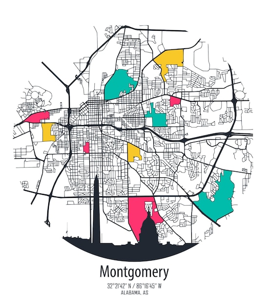 Mapa vectorial de la ciudad de montgomery alabama estados unidos