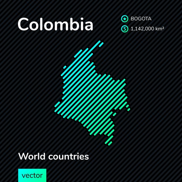 Mapa vectorial de Colombia en colores verdes sobre fondo negro rayado en estilo plano