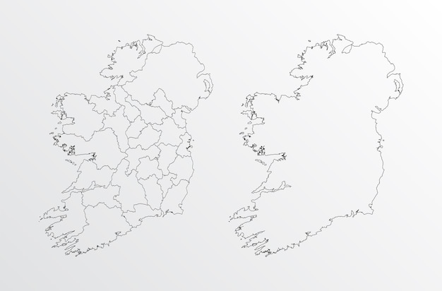 Mapa vectorial de contorno negro de Irlanda con regiones sobre fondo blanco