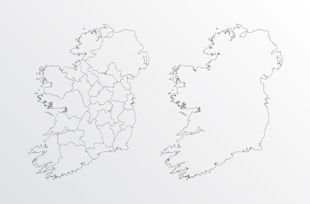 Mapa vectorial de contorno negro de irlanda con regiones sobre fondo blanco