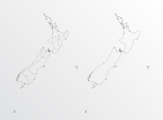 Mapa vectorial de contorno negro de Nueva Zelanda con regiones sobre fondo blanco