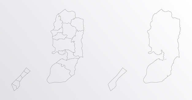 Mapa vectorial de contorno negro de Palestina con regiones sobre fondo blanco