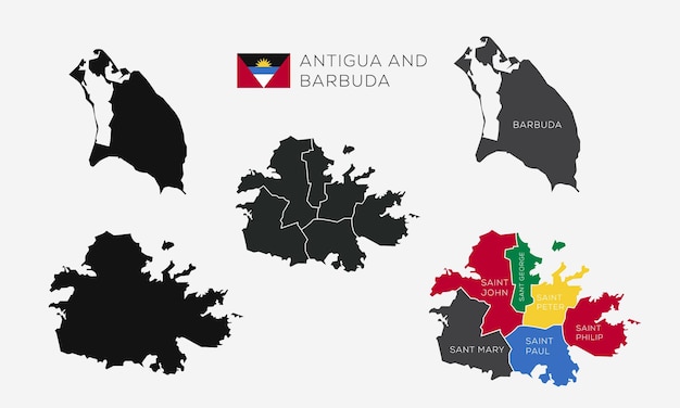 Mapa vectorial detallado alto de antigua y barbuda. fronteras y nombres de las provincias.