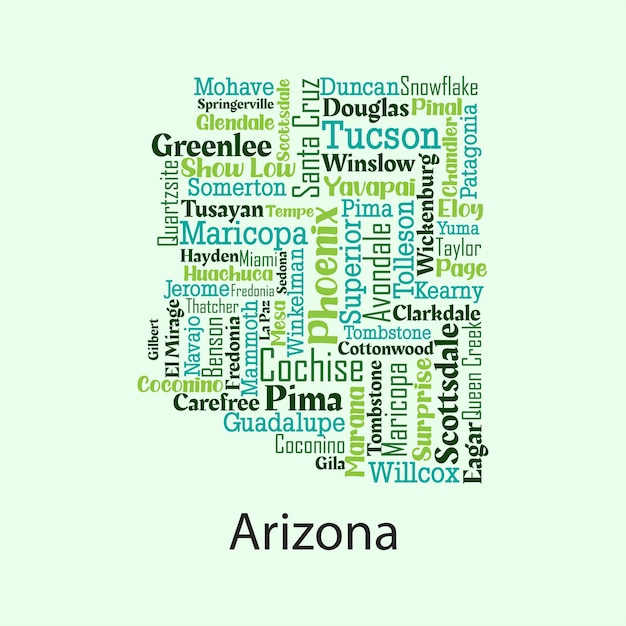 Mapa vectorial detallado de Arizona con los nombres de todos los condados y ciudades