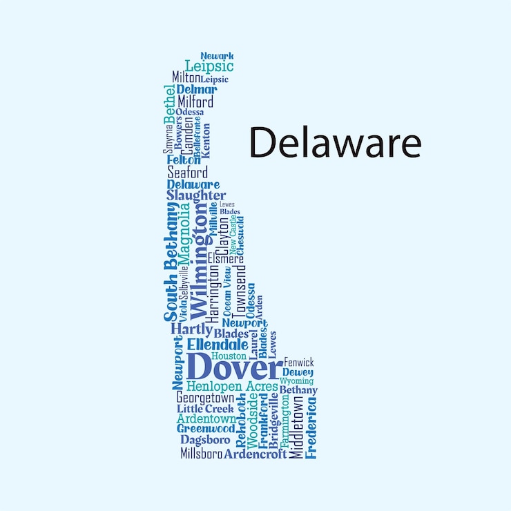 Vector mapa vectorial detallado de delaware con los nombres de todos los condados y ciudades