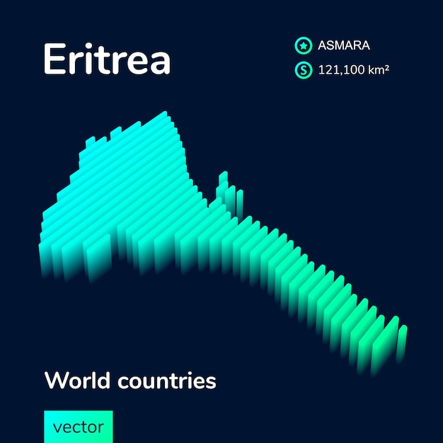 Mapa vectorial Eritrea 3D en colores turquesa sobre un fondo azul oscuro. Icono de mapa estilizado de Eritrea.