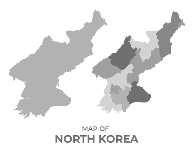 Vector mapa vectorial en escala de gris de corea del norte con regiones e ilustración plana simple.