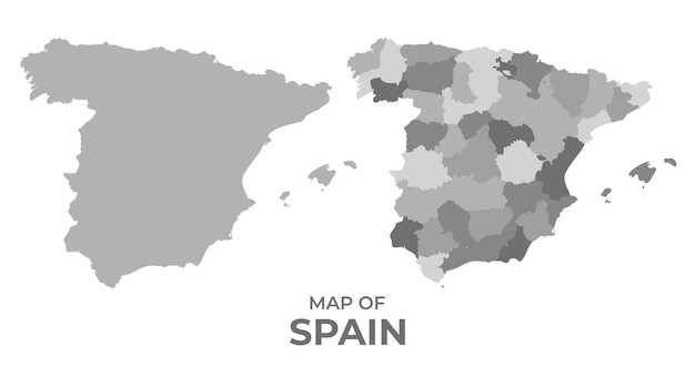 Mapa vectorial en escala de gris de España con regiones e ilustración plana simple.