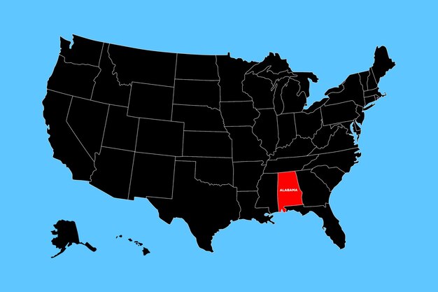 El mapa vectorial del estado de Alabama, EE.UU. aislado en el mapa de los Estados Unidos.