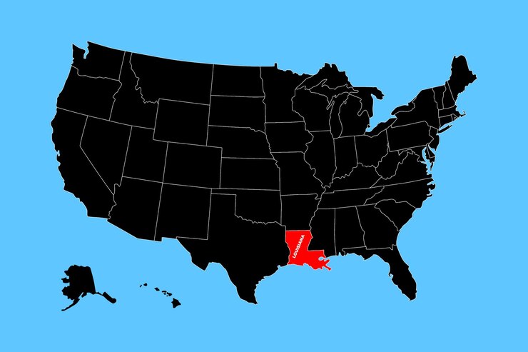 El mapa vectorial del estado de Luisiana (Estados Unidos) aislado en el mapa de los Estados Unidos.