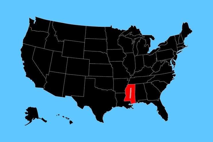 El mapa vectorial del estado de Mississippi, EE.UU. aislado en el mapa de los Estados Unidos.