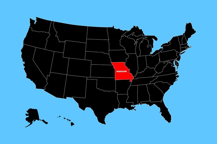 El mapa vectorial del estado de Missouri, EE.UU. aislado en el mapa de los Estados Unidos.