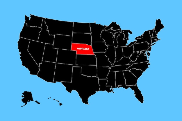 El mapa vectorial del estado de Nebraska, EE.UU. aislado en el mapa de los Estados Unidos.