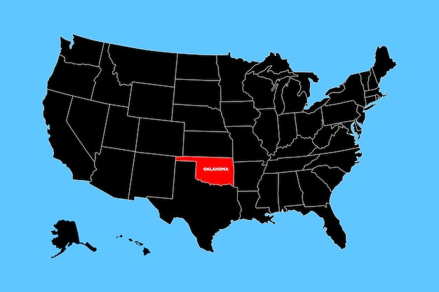 El mapa vectorial del estado de Oklahoma, EE.UU. aislado en el mapa de los Estados Unidos.