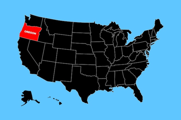 El mapa vectorial del estado de Oregón, EE.UU. aislado en el mapa de los Estados Unidos.