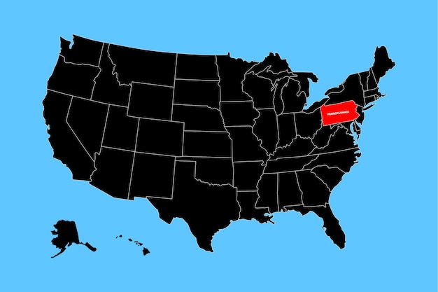 El mapa vectorial del estado de Pensilvania de los Estados Unidos aislado en el mapa de los estados Unidos Mapa vectorial en blanco editable de los EE.UU.