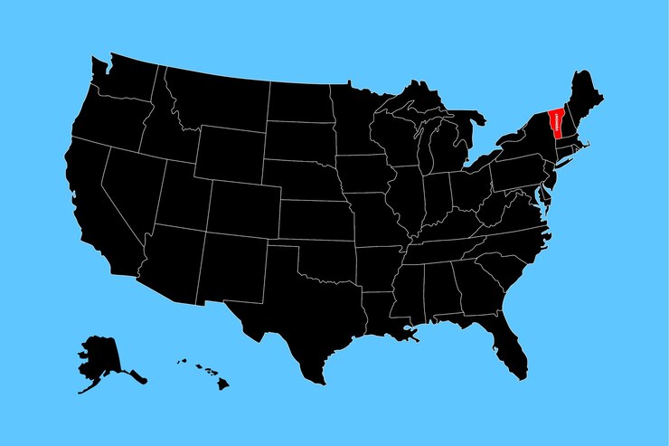 El mapa vectorial del estado de Vermont, EE.UU. aislado en el mapa de los Estados Unidos.
