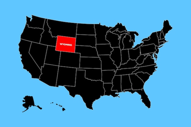 Mapa vectorial del estado de Wyoming, EE.UU. aislado en el mapa de los Estados Unidos.