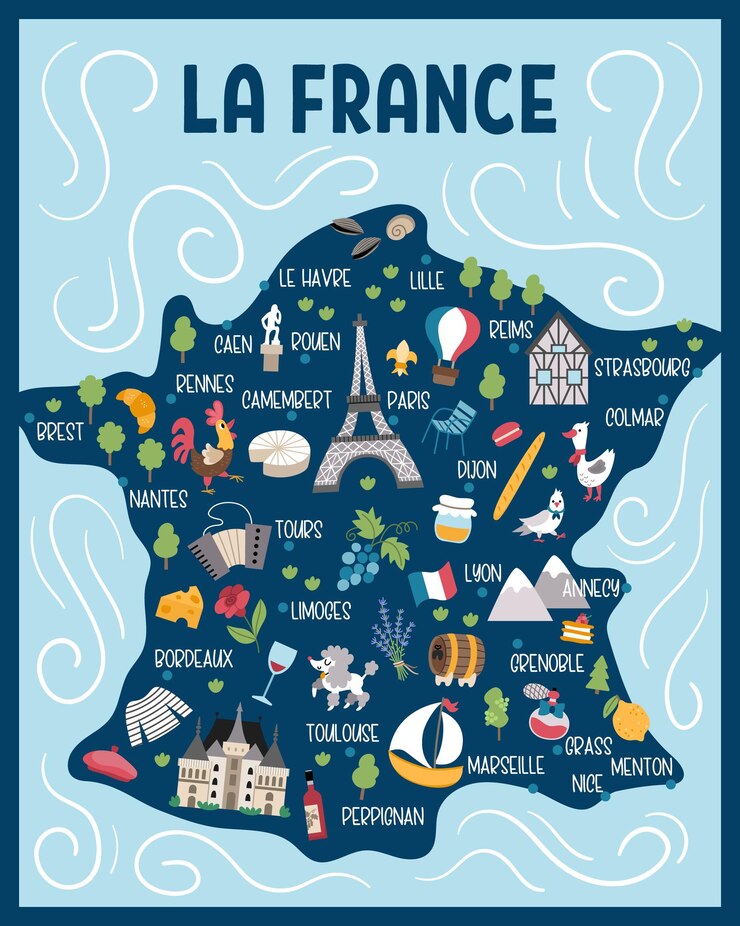 Vector mapa vectorial de francia tarjeta postal de dibujos animados con lugares de interés franceses símbolos de ciudades atracción turística fondo o diseño de tarjeta con parís torre eiffel castillo animales naturaleza bandera tricolorxa