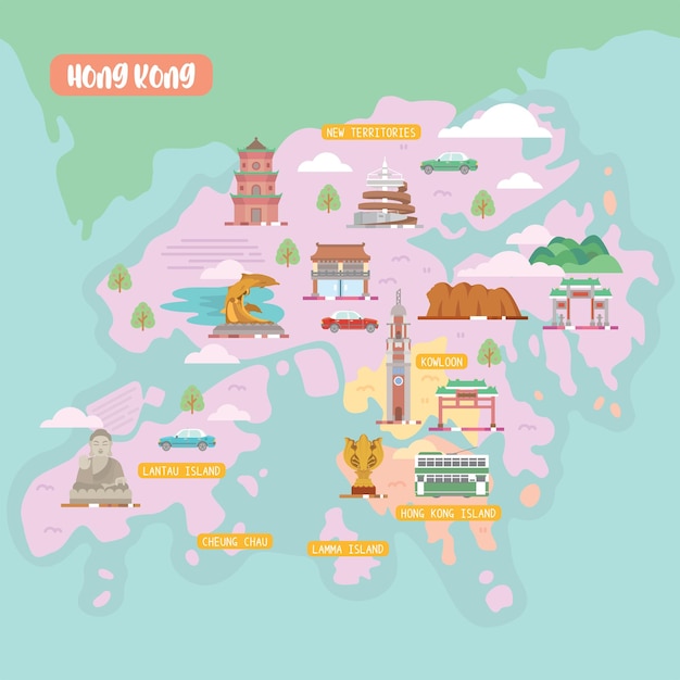 Mapa vectorial de hong kong con atracciones turísticas op