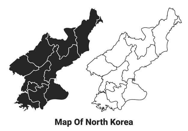 Mapa vectorial negro del país de Corea del Norte con fronteras de regiones.