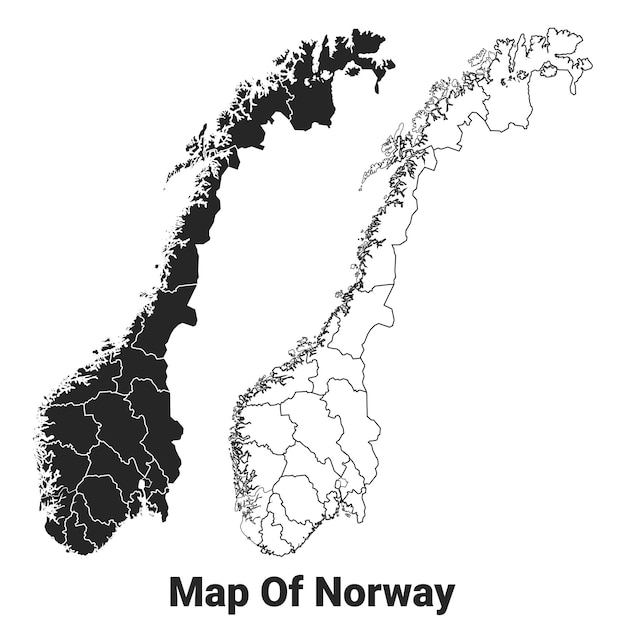 Mapa vectorial negro del país de Noruega con fronteras de regiones.