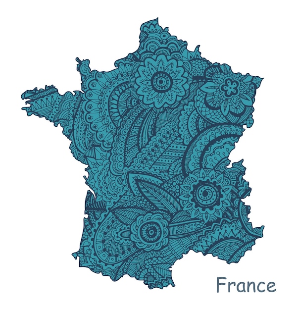 Mapa vectorial texturizado de francia fondo tribal de patrón etno dibujado a mano