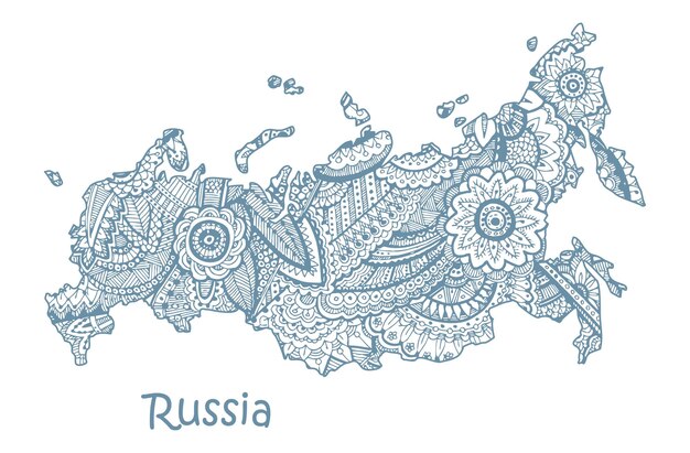 Mapa vectorial texturizado de rusia fondo tribal de patrón etno dibujado a mano