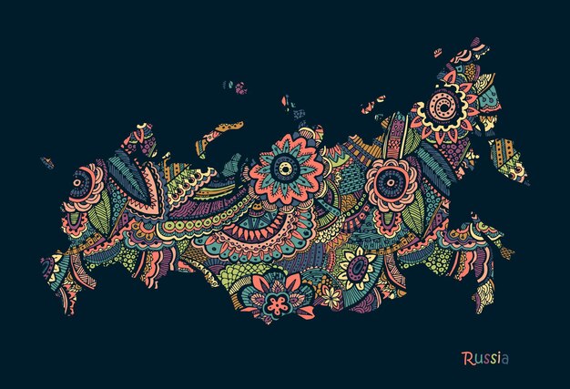 Mapa vectorial texturizado de Rusia Patron etno dibujado a mano