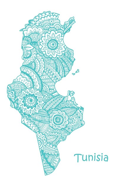 Mapa vectorial texturizado de Túnez Fondo tribal de patrón etno dibujado a mano