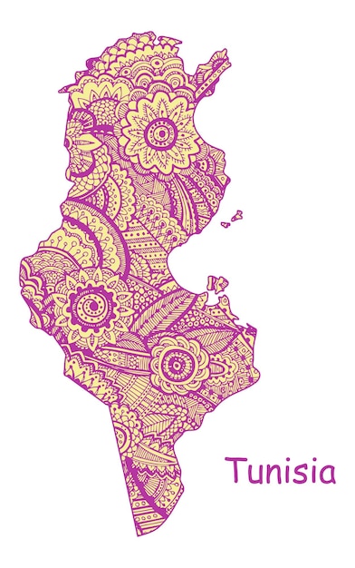 Mapa vectorial texturizado de Túnez Fondo tribal de patrón etno dibujado a mano