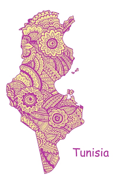 Mapa vectorial texturizado de túnez fondo tribal de patrón etno dibujado a mano