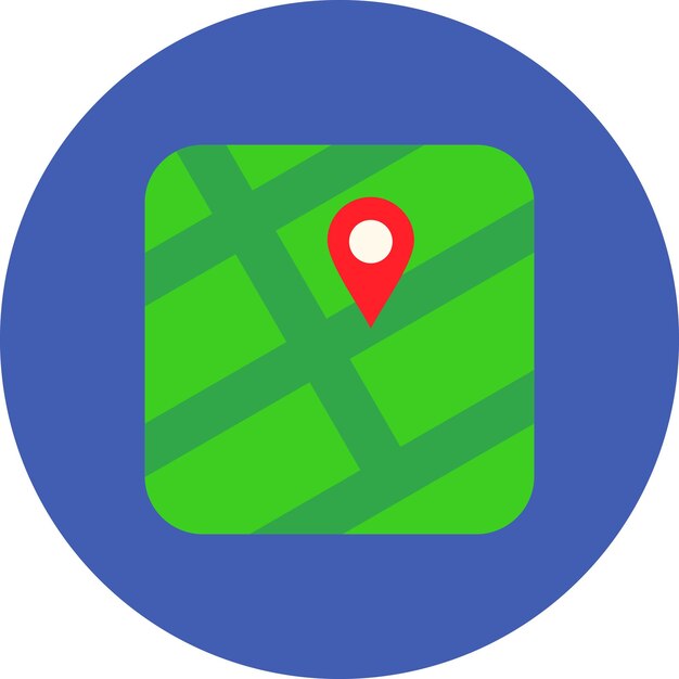 un mapa verde y azul con un marcador rojo en el medio
