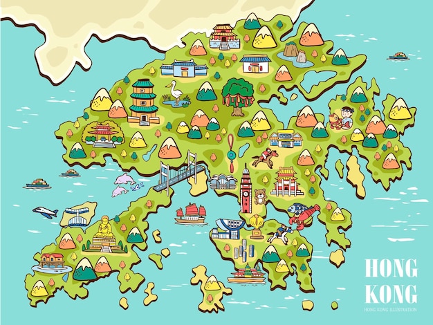 Mapa de viaje de hong kong dibujado a mano