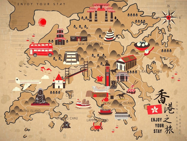 Mapa de viaje de hong kong retro en estilo de tinta china