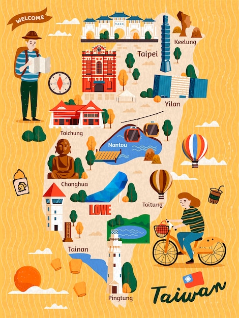 Mapa de viaje de Taiwán, atracciones de estilo dibujado a mano y especialidades con dos viajeros