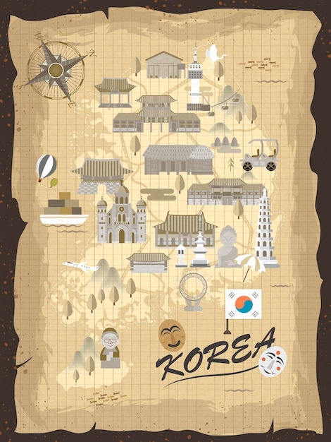 Mapa de viajes de Corea del Sur retro en papel de carta