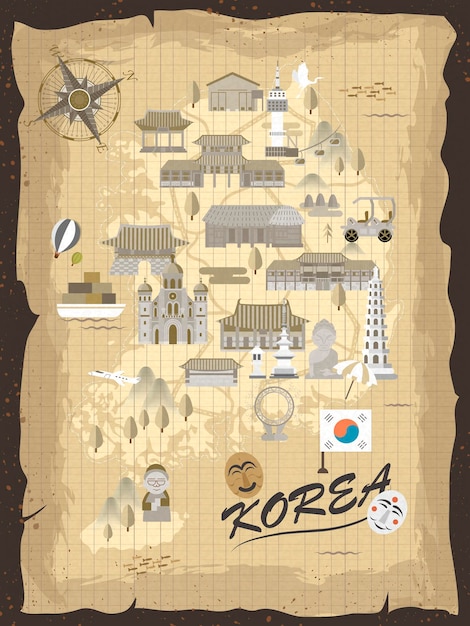 Vector mapa de viajes de corea del sur retro en papel de carta