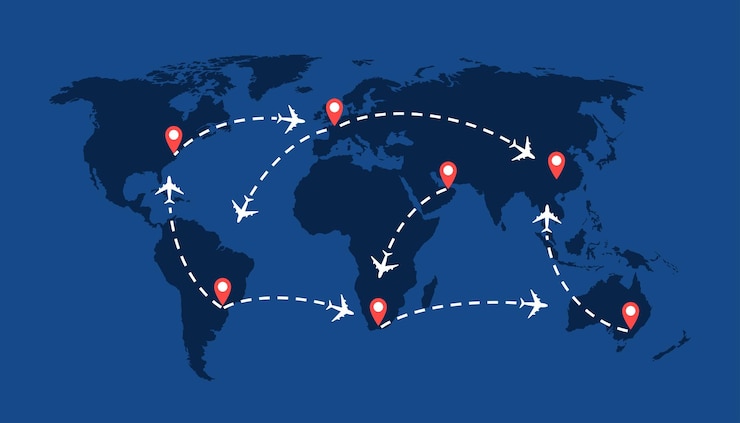 Vector mapa de viajes del mundo con rutas de vuelo de aviones y marcadores de alfileres ilustración vectorial