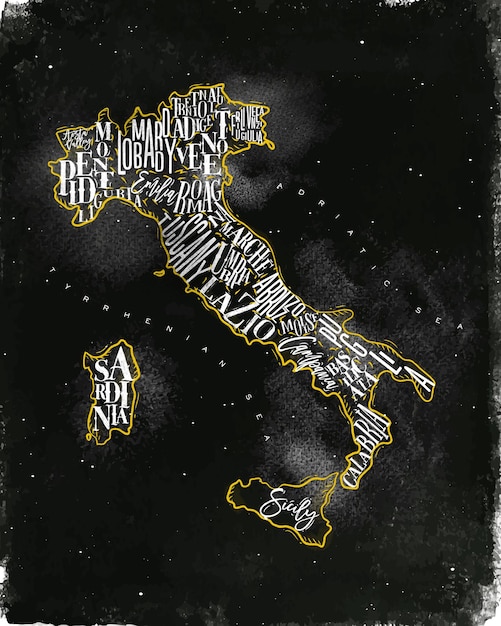 Mapa vintage de italia con inscripción de regiones cerdeña sicilia lazio toscana liguria marche