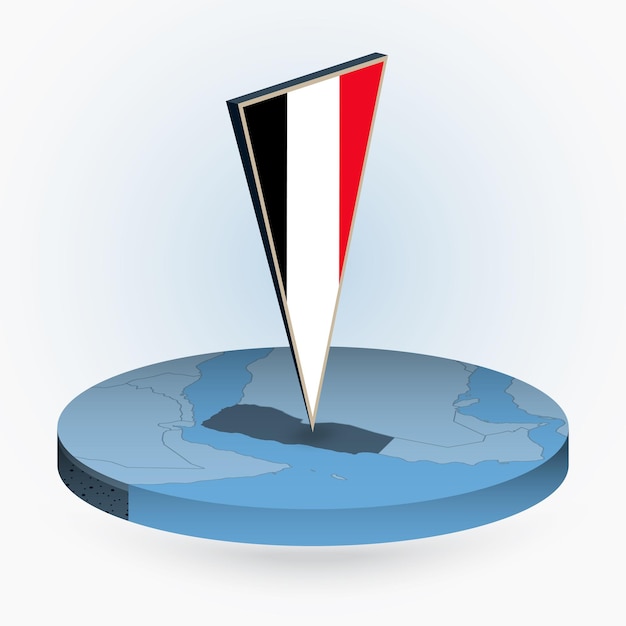 Mapa de Yemen en estilo isométrico redondo con bandera triangular 3D de Yemen