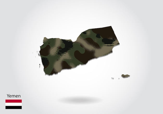 Mapa de Yemen con patrón de camuflaje Textura verde bosque en el mapa Concepto militar para soldado del ejército y bandera de escudo de armas de guerra