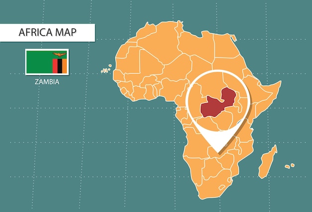 mapa de zambia en iconos de la versión de zoom de África que muestran la ubicación y las banderas de zambia