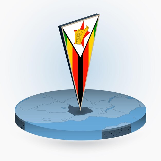 Mapa de Zimbabue en estilo isométrico redondo con bandera triangular 3D de Zimbabue