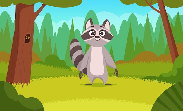 Mapache en el bosque Animales de dibujos animados caminando en madera feliz lindo mapache salvaje mamíferos vector exacto ilustración de fondo
