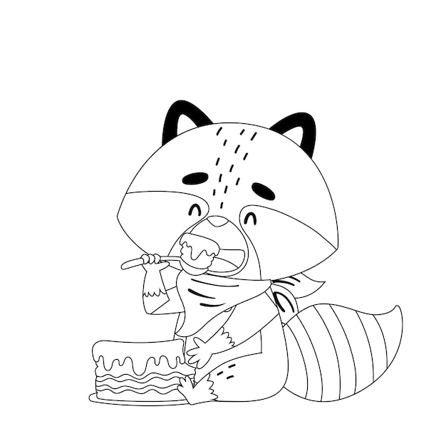 Un mapache come un trozo de pastel con una cuchara en el suelo Tiene una servilleta alrededor del cuello