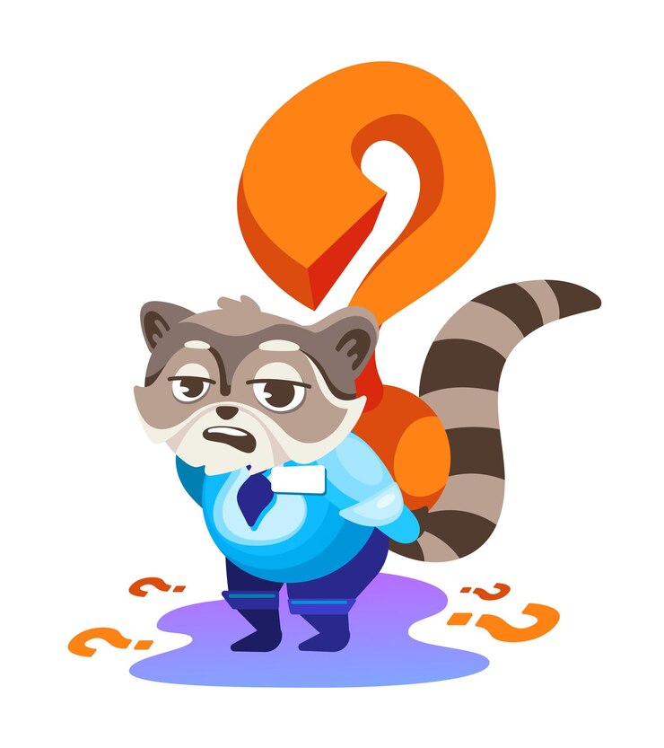 Vector un mapache de dibujos animados con un signo de interrogación.