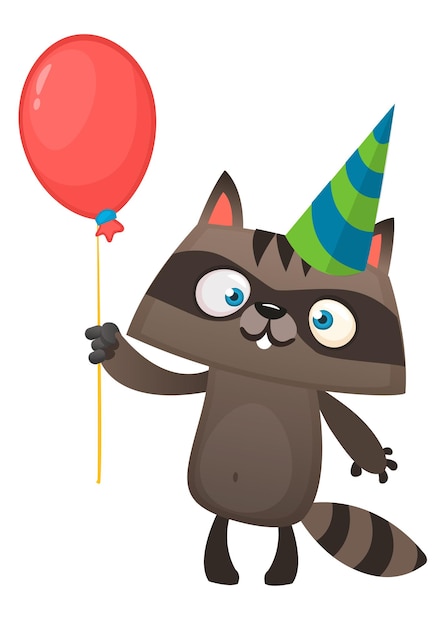 Mapache divertido de la historieta que sostiene el globo rojo que lleva el sombrero de la fiesta de cumpleaños Ilustración del vector para la postal de cumpleaños Diseño para la impresión o la postal