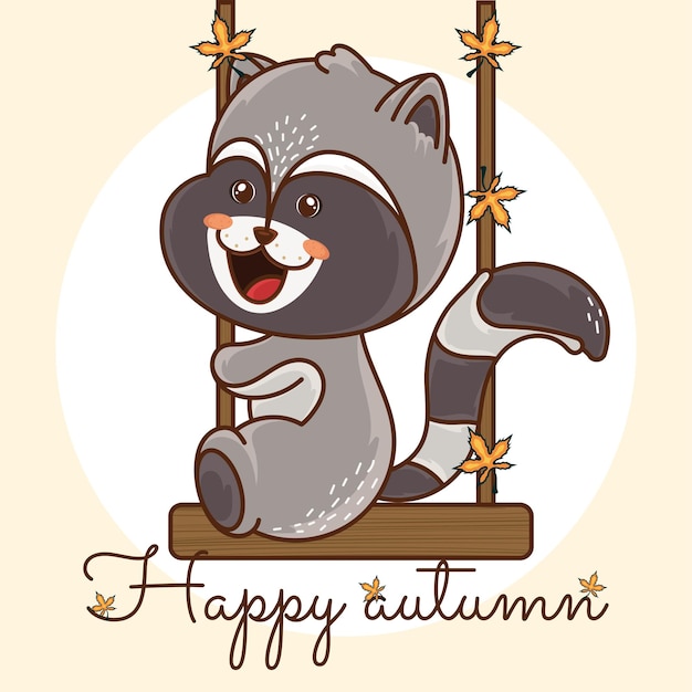Vector mapache feliz en un columpio imagen feliz otoño vector