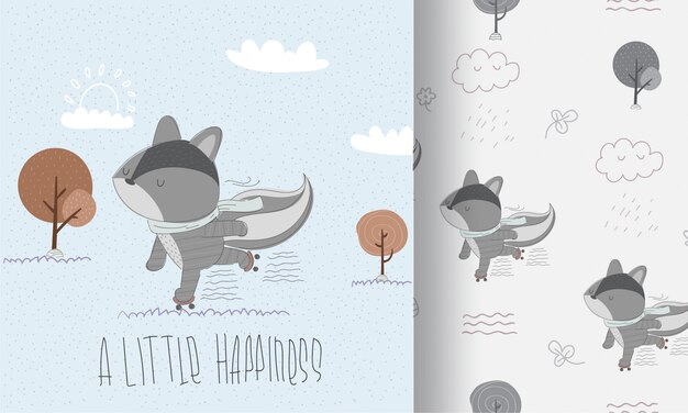 mapache feliz en patines de patrones sin fisuras